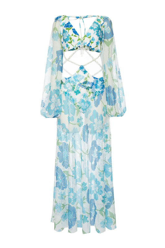 Vestido longo bordado tiras retrÃ´ flower off white