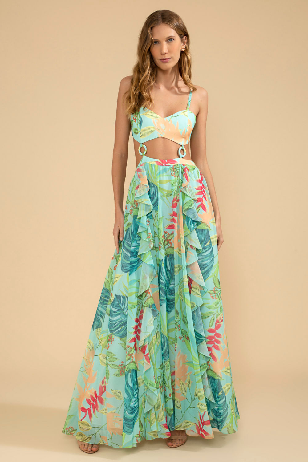 VESTIDO LONGO ARGOLAS TROPICÁLIA VERDE