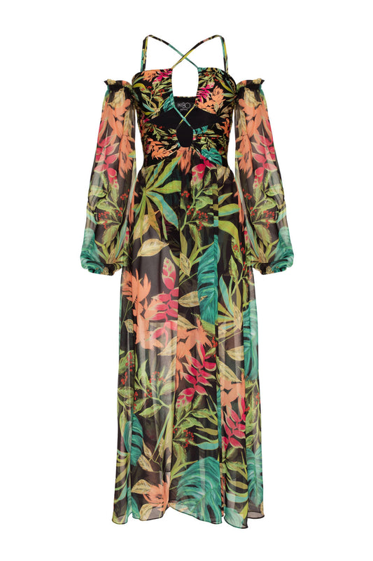 VESTIDO LONGO FRANZIDO TROPICÁLIA PRETO
