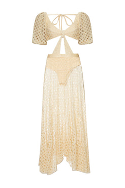 VESTIDO LONGO MANGAS BUFANTES LYCRA FEMME OFF WHITE