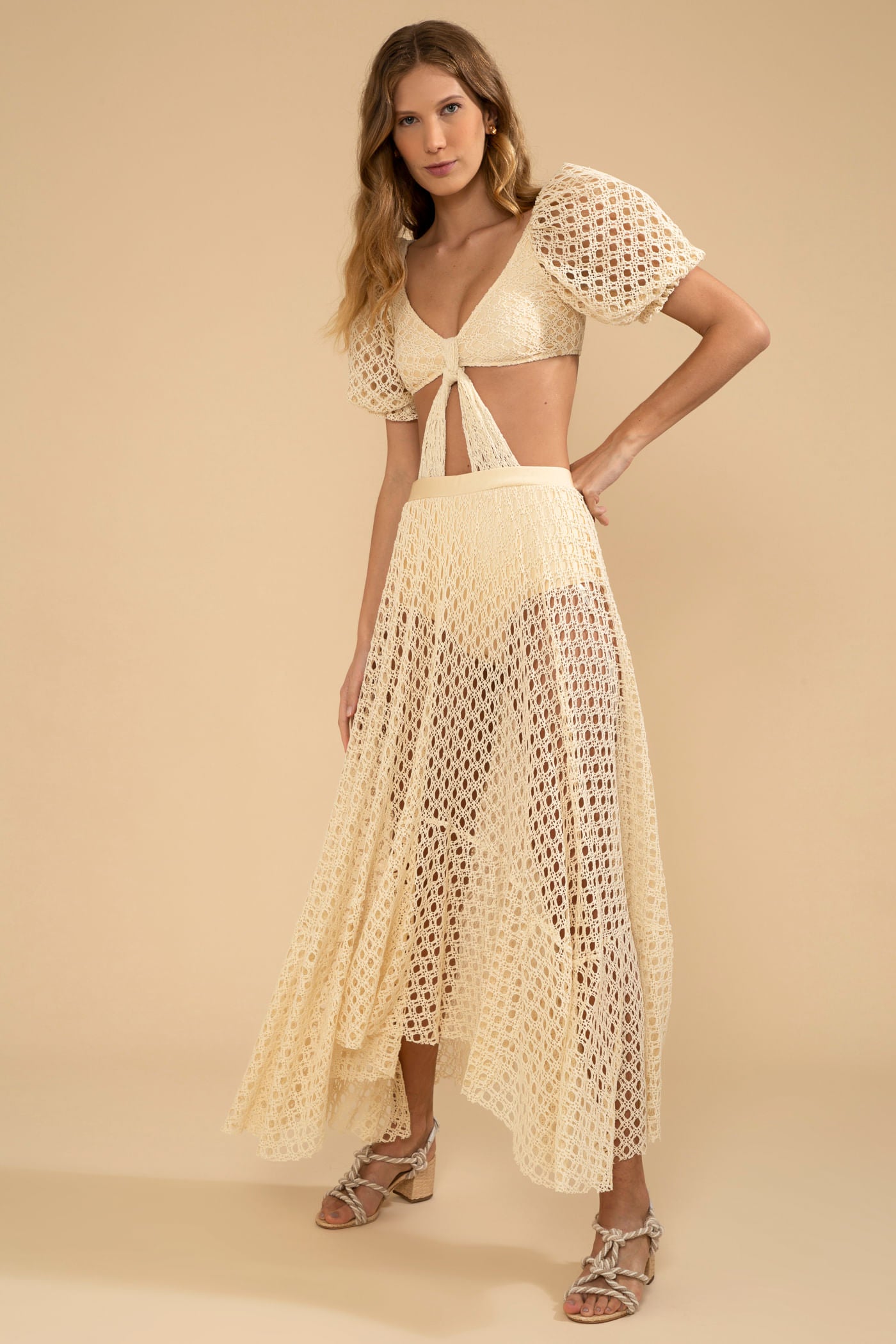 VESTIDO LONGO MANGAS BUFANTES LYCRA FEMME OFF WHITE