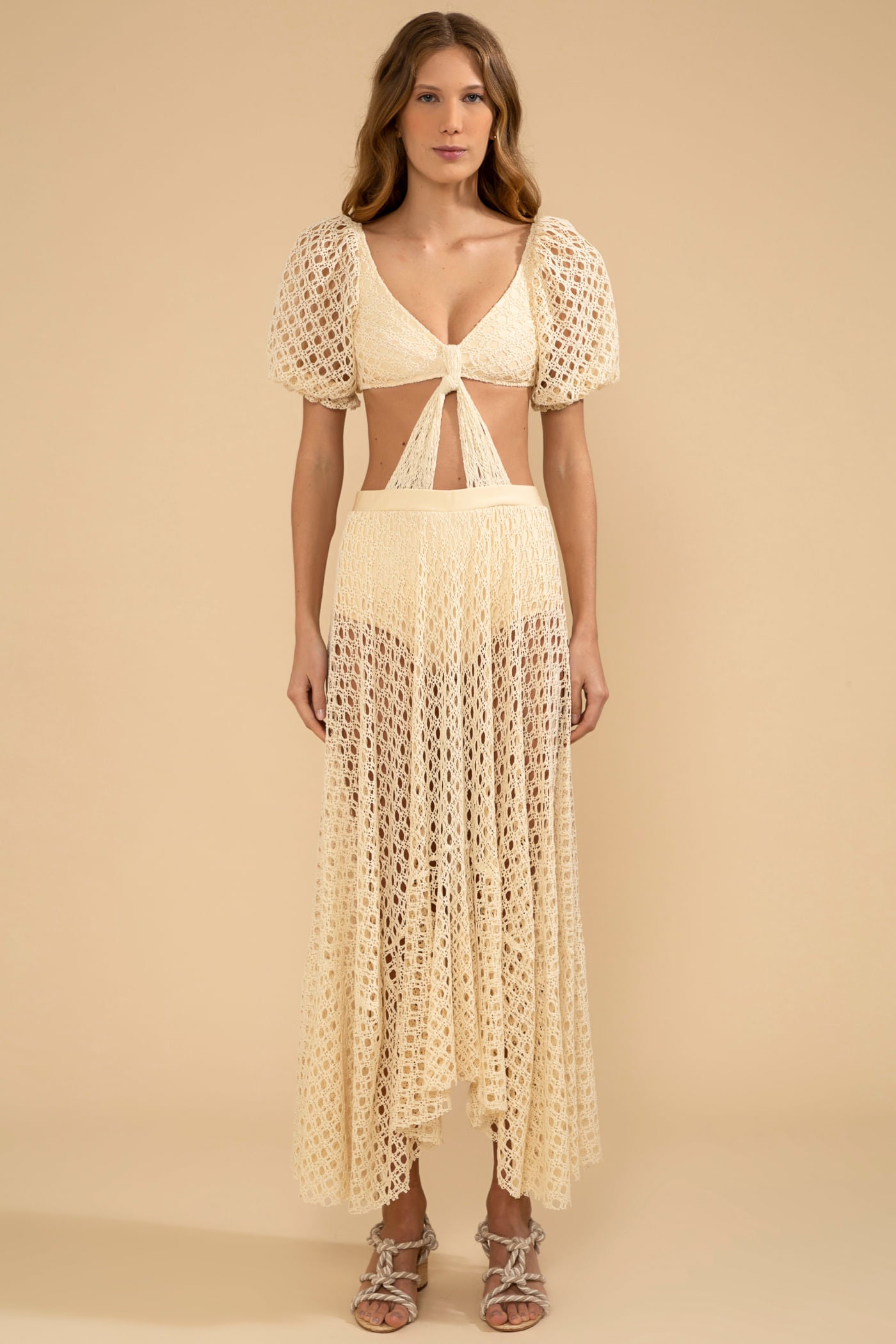 VESTIDO LONGO MANGAS BUFANTES LYCRA FEMME OFF WHITE