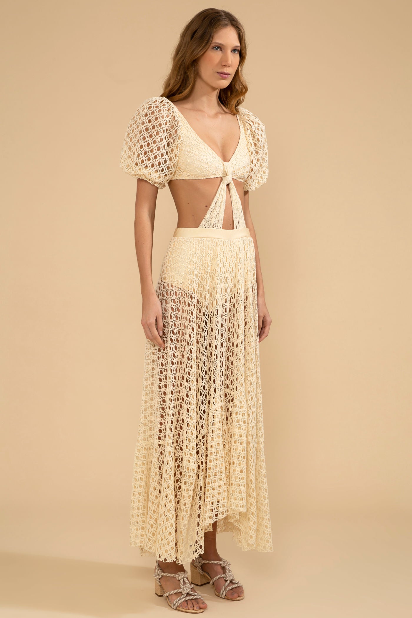 VESTIDO LONGO MANGAS BUFANTES LYCRA FEMME OFF WHITE