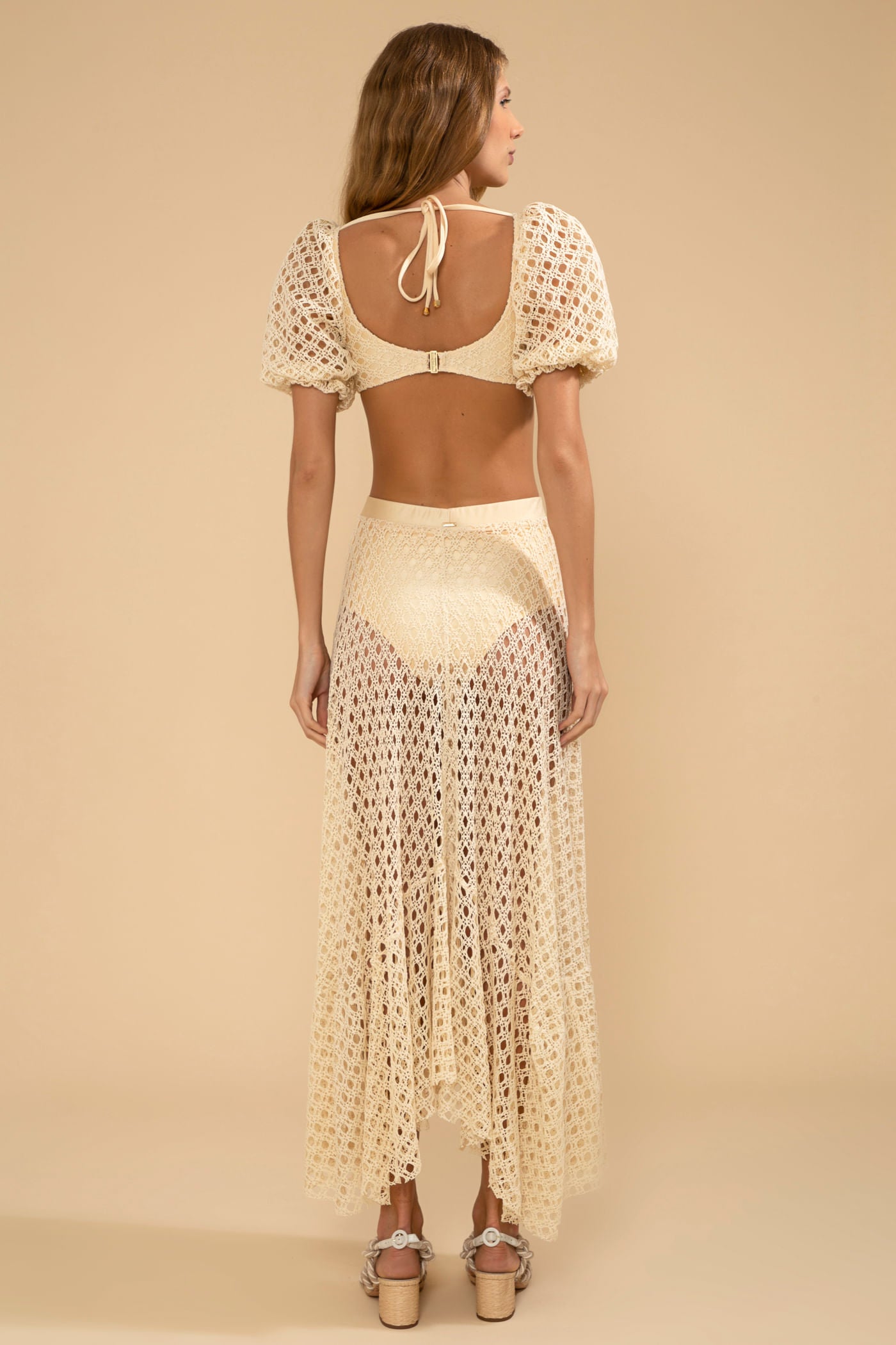 VESTIDO LONGO MANGAS BUFANTES LYCRA FEMME OFF WHITE