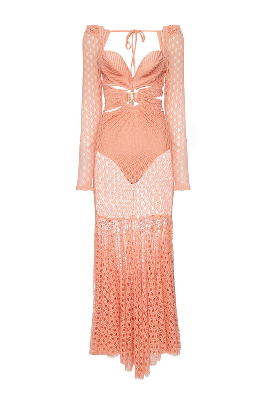 VESTIDO LONGO FAIXAS ARGOLA LYCRA FEMME CORAL