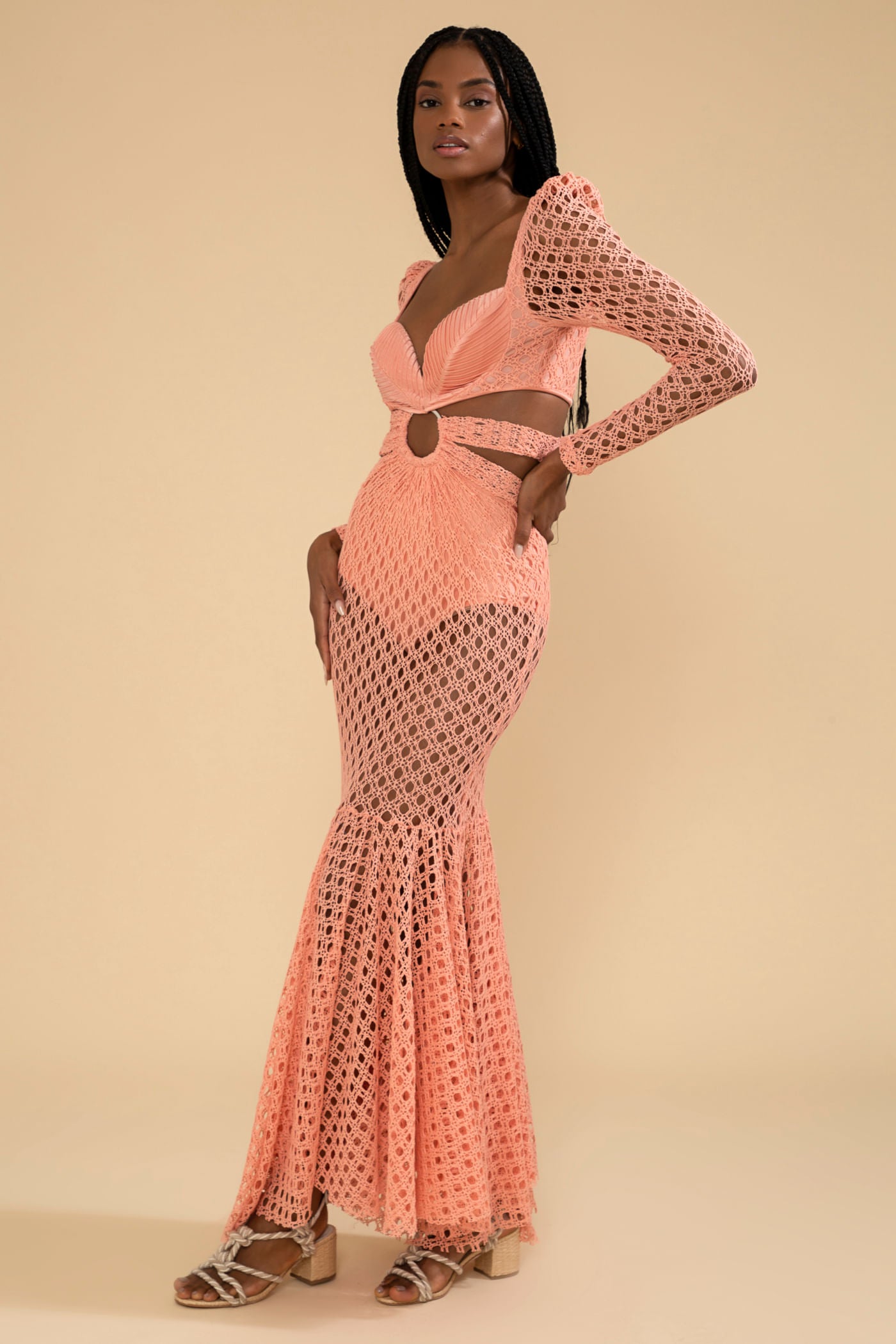 VESTIDO LONGO FAIXAS ARGOLA LYCRA FEMME CORAL