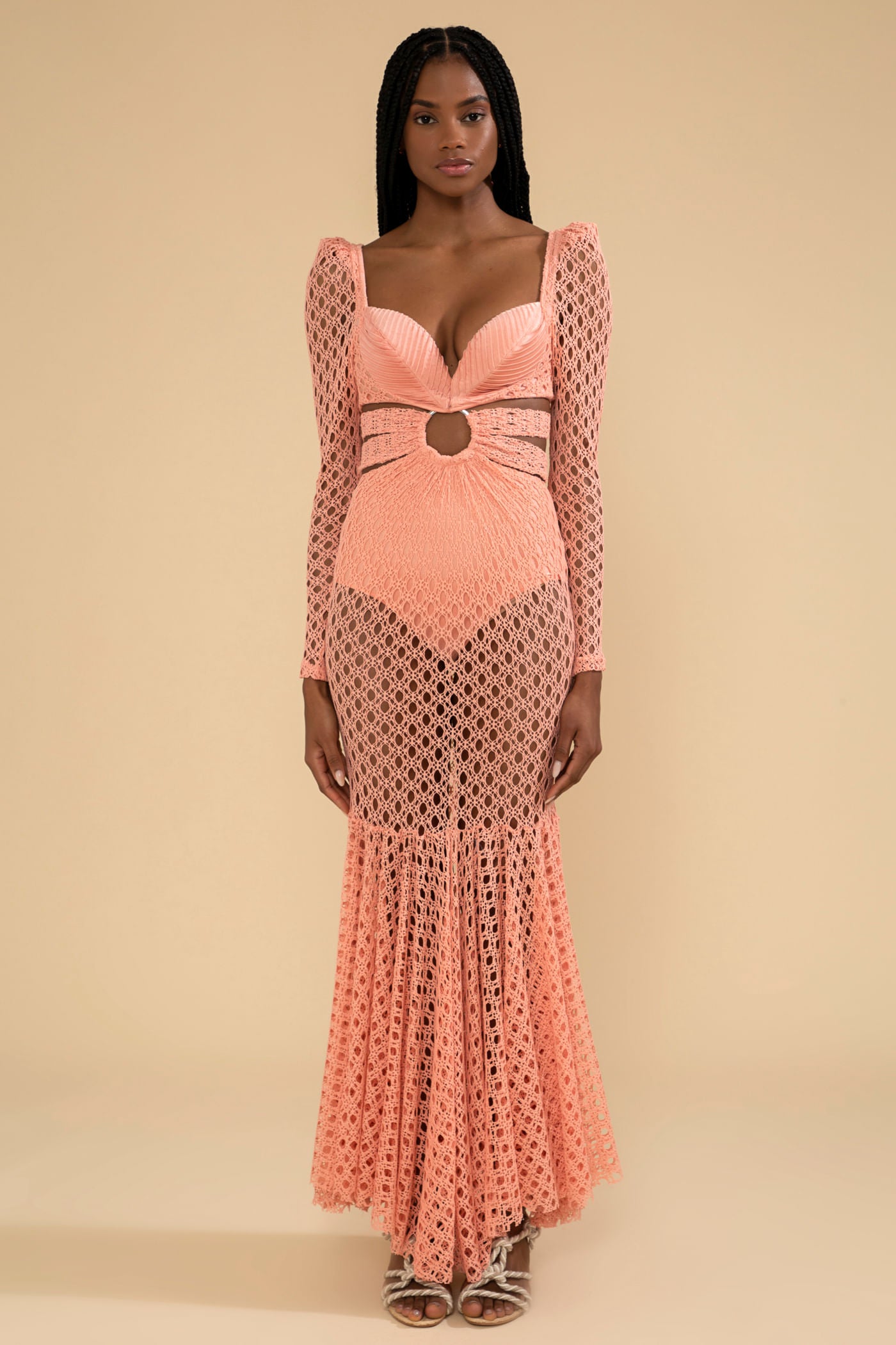 VESTIDO LONGO FAIXAS ARGOLA LYCRA FEMME CORAL