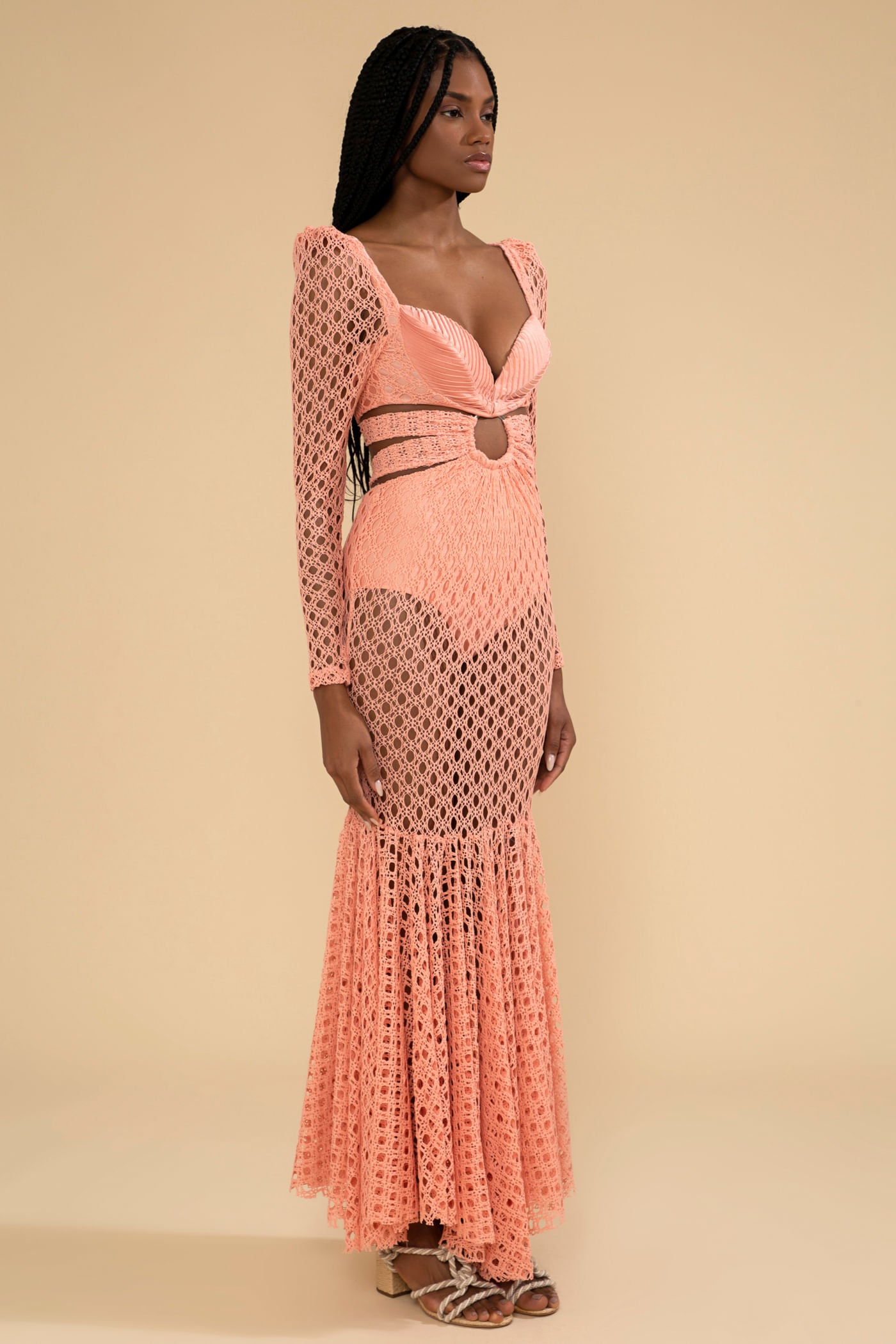 VESTIDO LONGO FAIXAS ARGOLA LYCRA FEMME CORAL