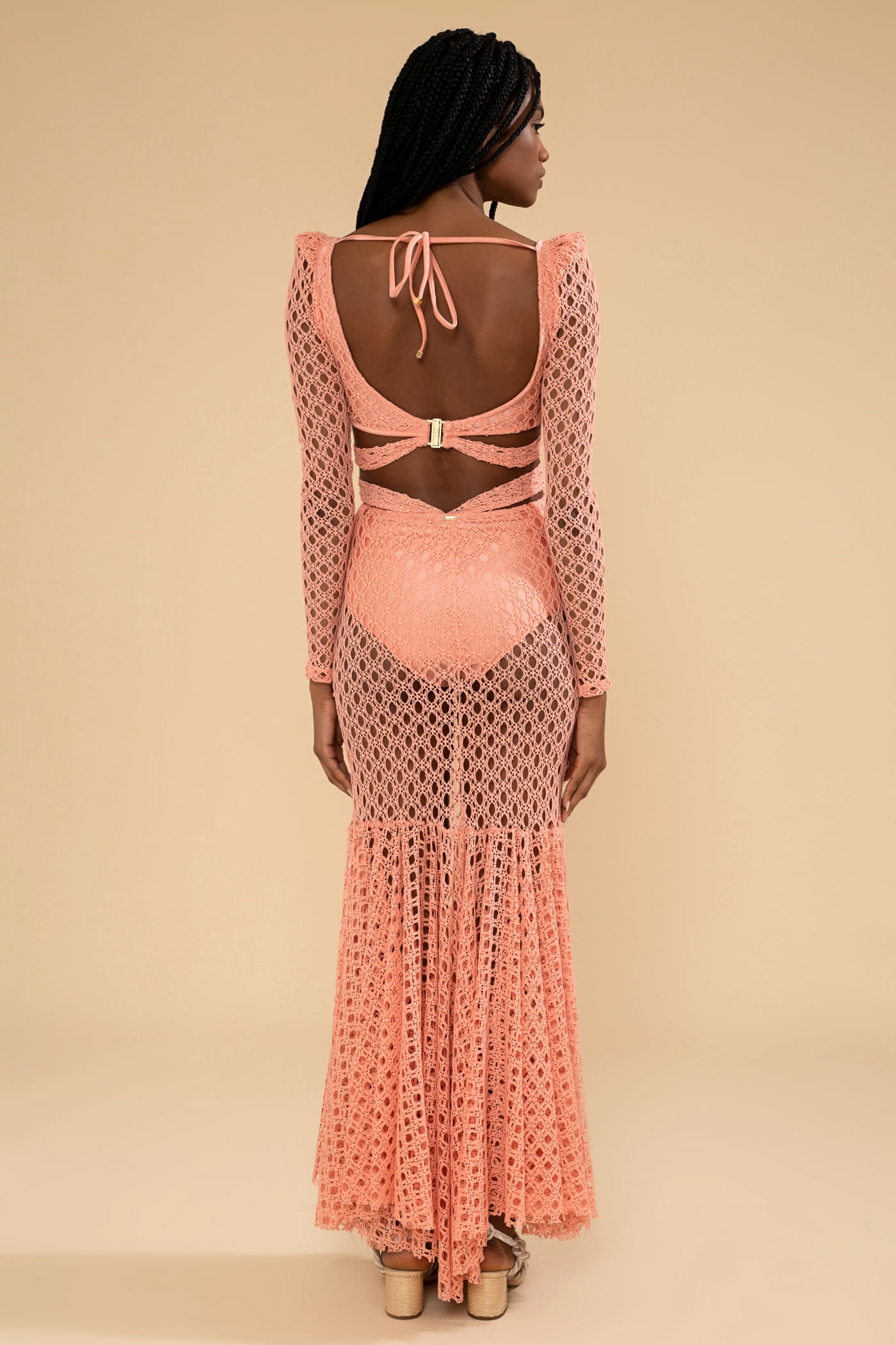 VESTIDO LONGO FAIXAS ARGOLA LYCRA FEMME CORAL