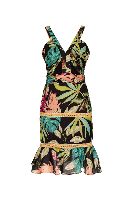 VESTIDO MÍDI FRANZIDO TROPICÁLIA PRETO