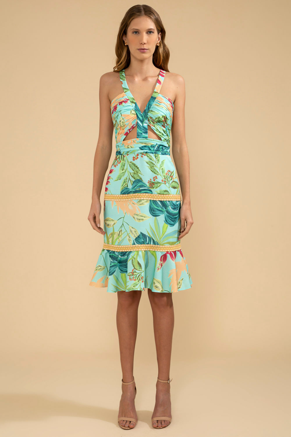 VESTIDO MÍDI FRANZIDO TROPICÁLIA VERDE