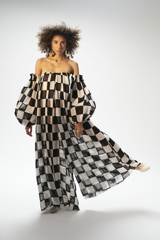 MACACÃO BICOLOR CHIFFON XADREZ