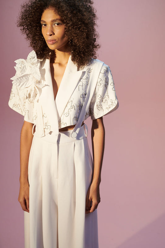Top blazer bordado nature crepe off white