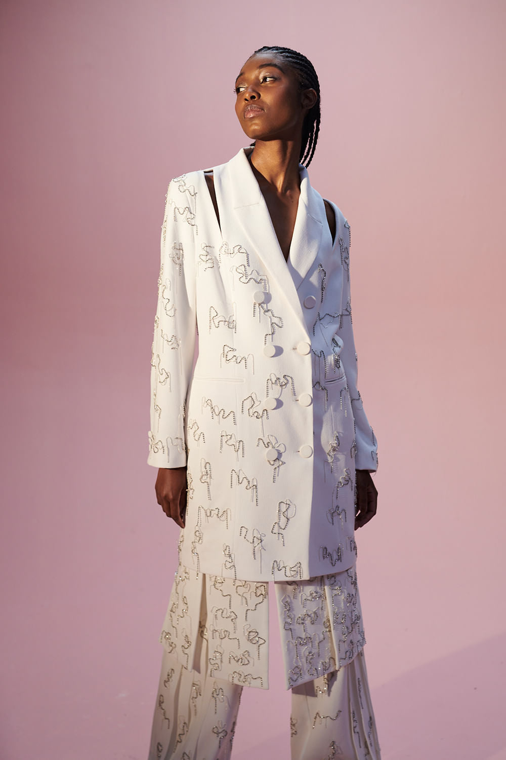 VESTIDO CURTO BLAZER BORDADO NATURE CREPE OFF WHITE