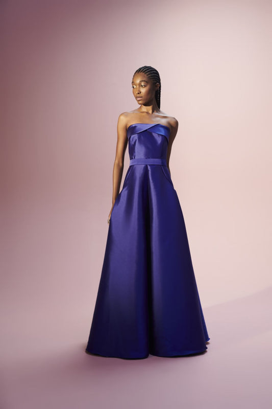 VESTIDO LONGO PREGAS ÉTOILE MIKADO AZUL