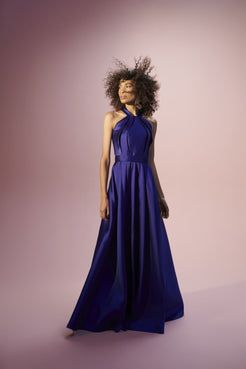 VESTIDO LONGO FRENTE ÚNICA PREGAS ÉTOILE MIKADO AZUL