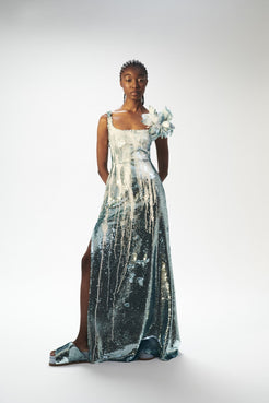 VESTIDO LONGO FENDA PAETÊ PAINT CELESTE