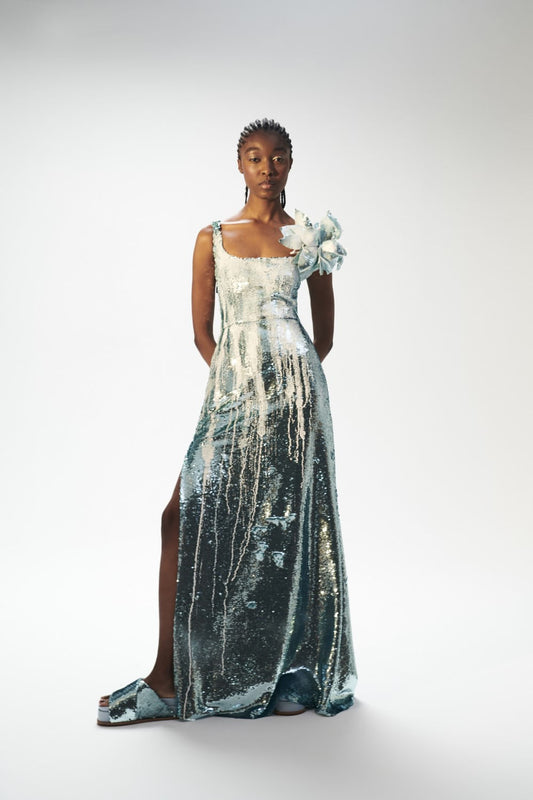 VESTIDO LONGO FENDA PAETÊ PAINT CELESTE