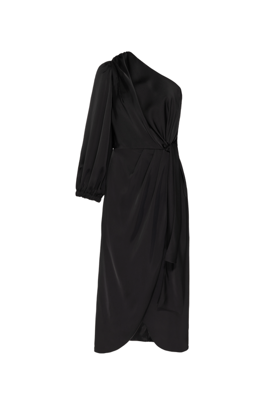 VESTIDO MÍDI MANGA ÚNICA CETIM MONALISA PRETO