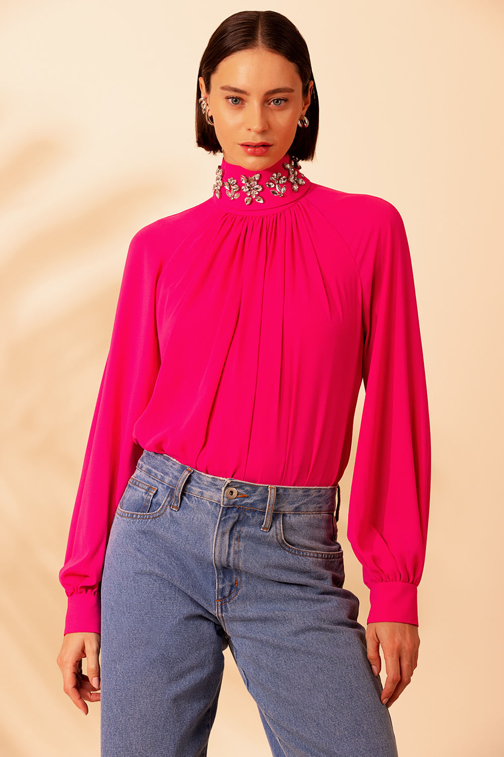 BLUSA GOLA REMOVÍVEL FRANZIDOS CREPE GRACE ROSA