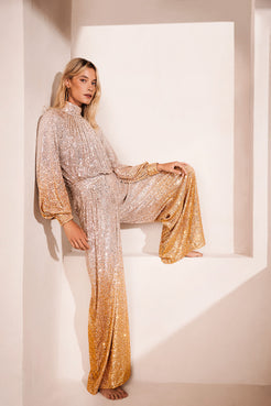 CALÇA AMPLA PAETÊ GOLDEN STAR PRATA E DOURADO