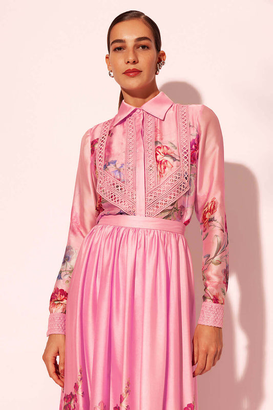 CAMISA ENTREMEIO CETIM FLORAL MURAKAMI ROSA