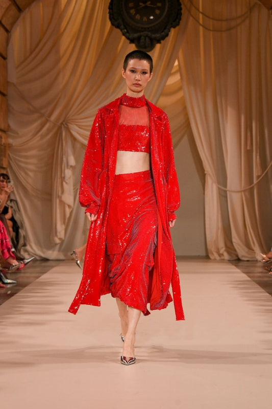CASACO LONGO BOLSOS PAETÊ VIBRANT VERMELHO