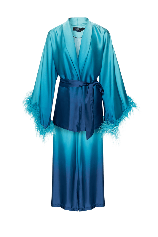 PIJAMA LONGO CETIM DEGRADÊ ACQUA AZUL COM VERDE