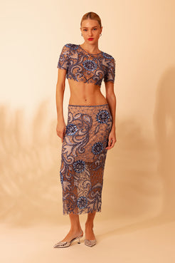 SAIA BORDADA TULE GLAM MOSS AZUL