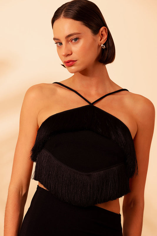 TOP CROPPED FRANJAS MALHA STARRY PRETO