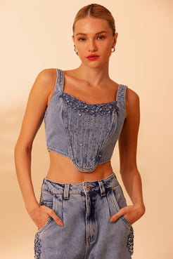 TOP CROPPED CORSET ESSENTIAL DENIM AZUL