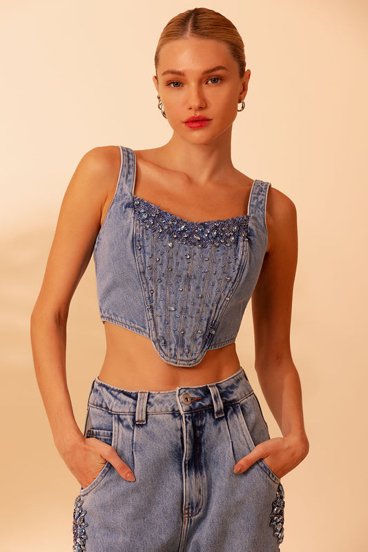 TOP CROPPED CORSET ESSENTIAL DENIM AZUL