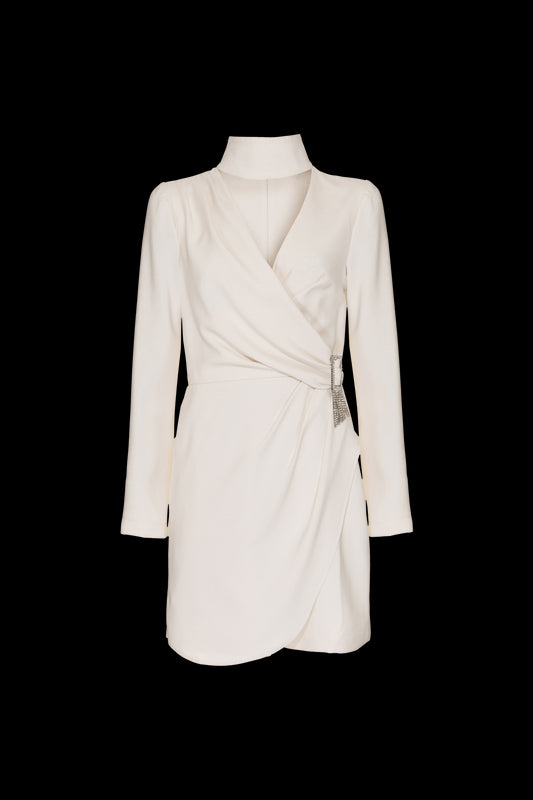 VESTIDO CURTO TRANSPASSADO CREPE DESIRE OFF WHITE