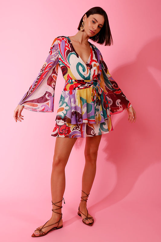 VESTIDO CURTO TRANSPASSADO TOKYO MULTICOR