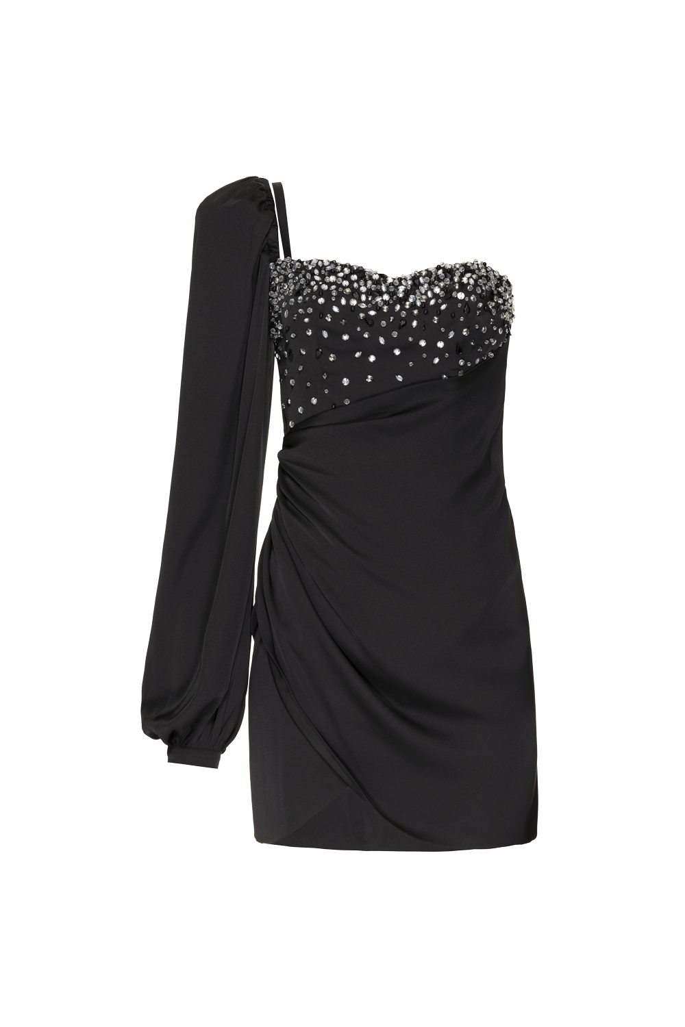 VESTIDO CURTO MANGA ÚNICA CETIM OLD GLAM PRETO
