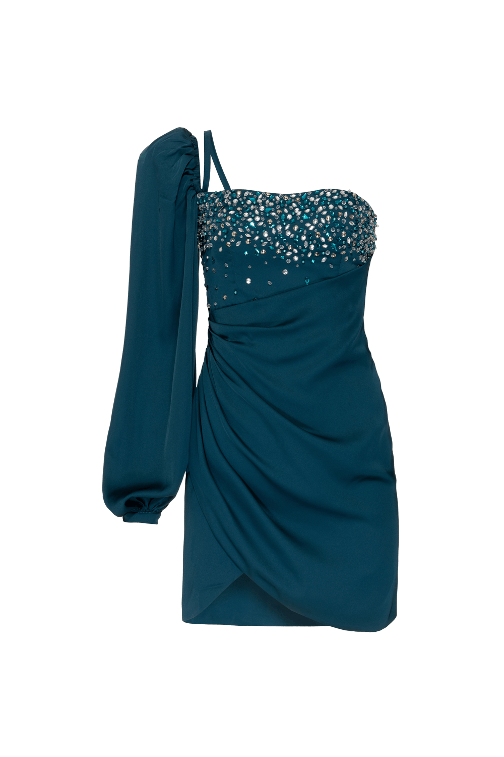 VESTIDO CURTO MANGA ÚNICA CETIM OLD GLAM VERDE