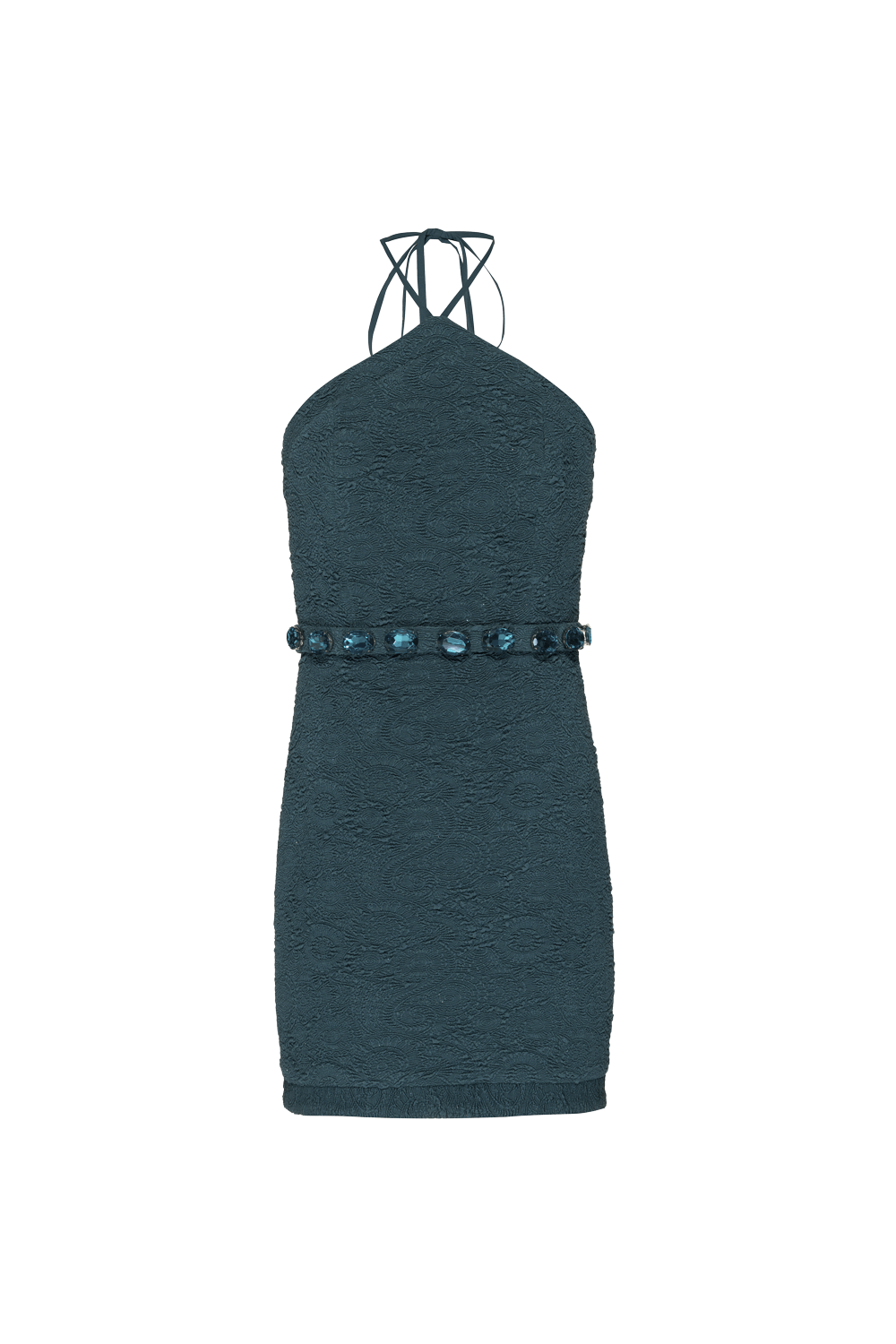 VESTIDO CURTO FRENTE ÚNICA JACQUARD NOSTALGIC MEMORIES VERDE PETROLEO