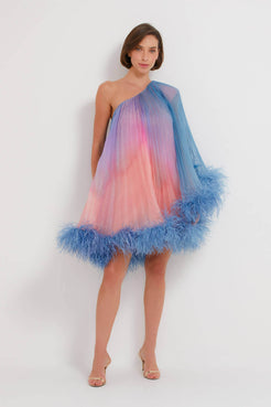 VESTIDO CURTO PLUMAS DEGRADÊ KOBAI AZUL