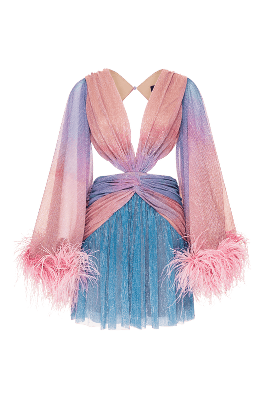 VESTIDO CURTO PLUMAS LUREX MIX FUSION KOBAI AZUL