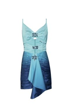 VESTIDO CURTO RECORTES BORDADO CETIM DEGRADÊ ACQUA AZUL COM VERDE