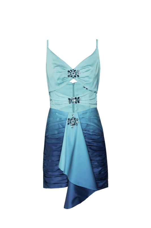 VESTIDO CURTO RECORTES BORDADO CETIM DEGRADÊ ACQUA AZUL COM VERDE