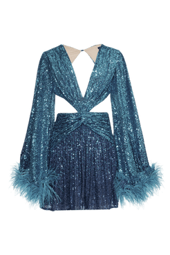 VESTIDO CURTO PLUMAS PAETÊ ACQUA AZUL