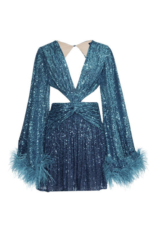 VESTIDO CURTO PLUMAS PAETÊ ACQUA AZUL