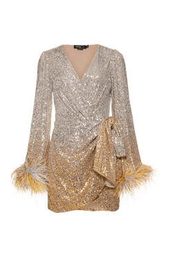 VESTIDO CURTO TRANSPASSADO PAETÊ GOLDEN STAR PRATA E DOURADO