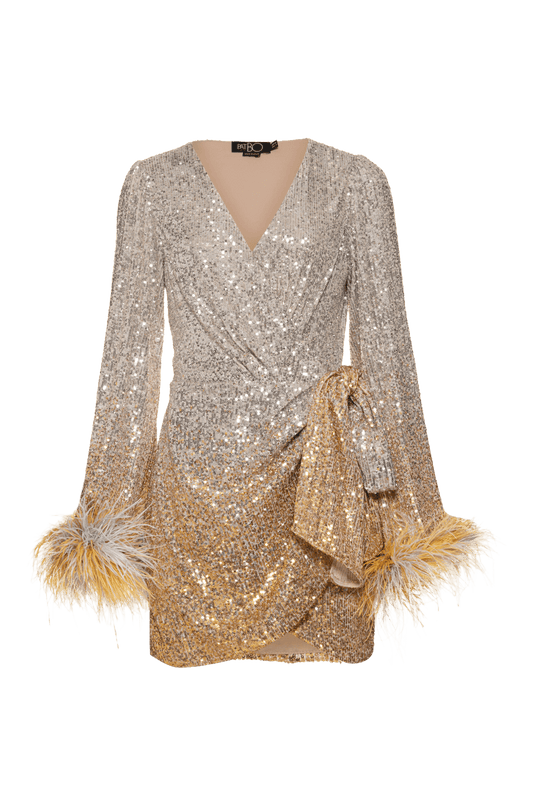 VESTIDO CURTO TRANSPASSADO PAETÊ GOLDEN STAR PRATA E DOURADO