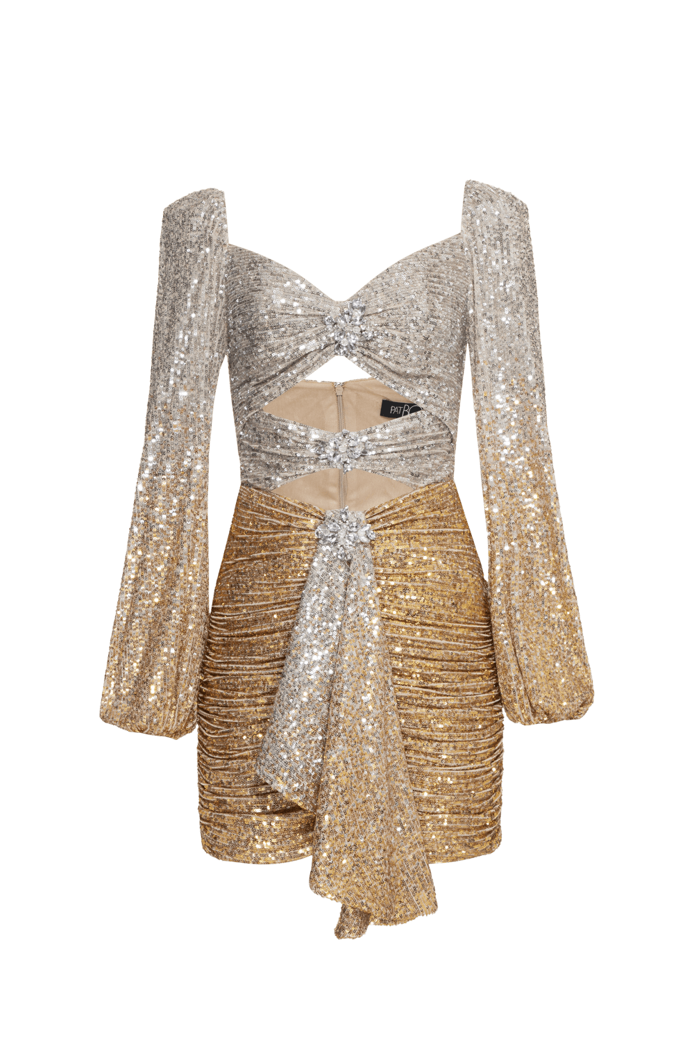 VESTIDO CURTO RECORTES PAETÊ GOLDEN STAR PRATA E DOURADO