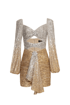 VESTIDO CURTO RECORTES PAETÊ GOLDEN STAR PRATA E DOURADO