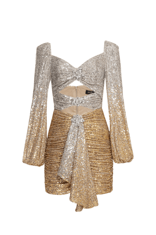 VESTIDO CURTO RECORTES PAETÊ GOLDEN STAR PRATA E DOURADO