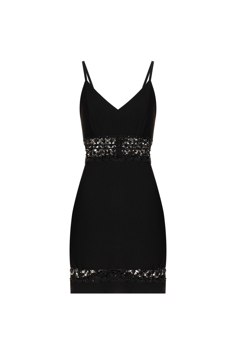 VESTIDO CURTO RECORTES BORDADO CREPE JOYFUL PRETO