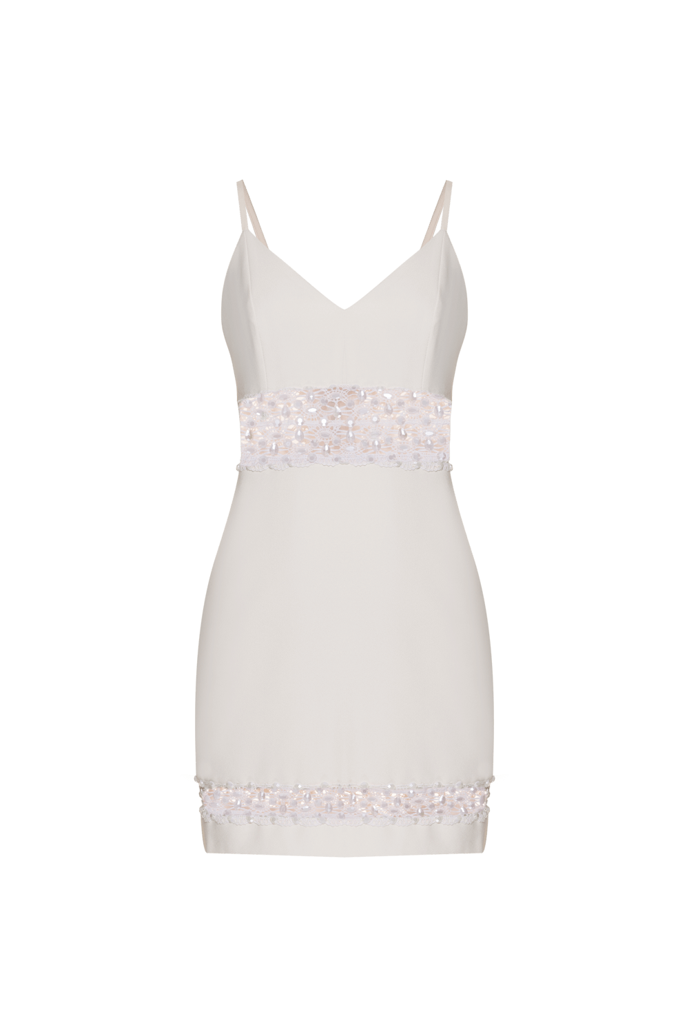 VESTIDO CURTO RECORTES BORDADO CREPE JOYFUL OFF WHITE